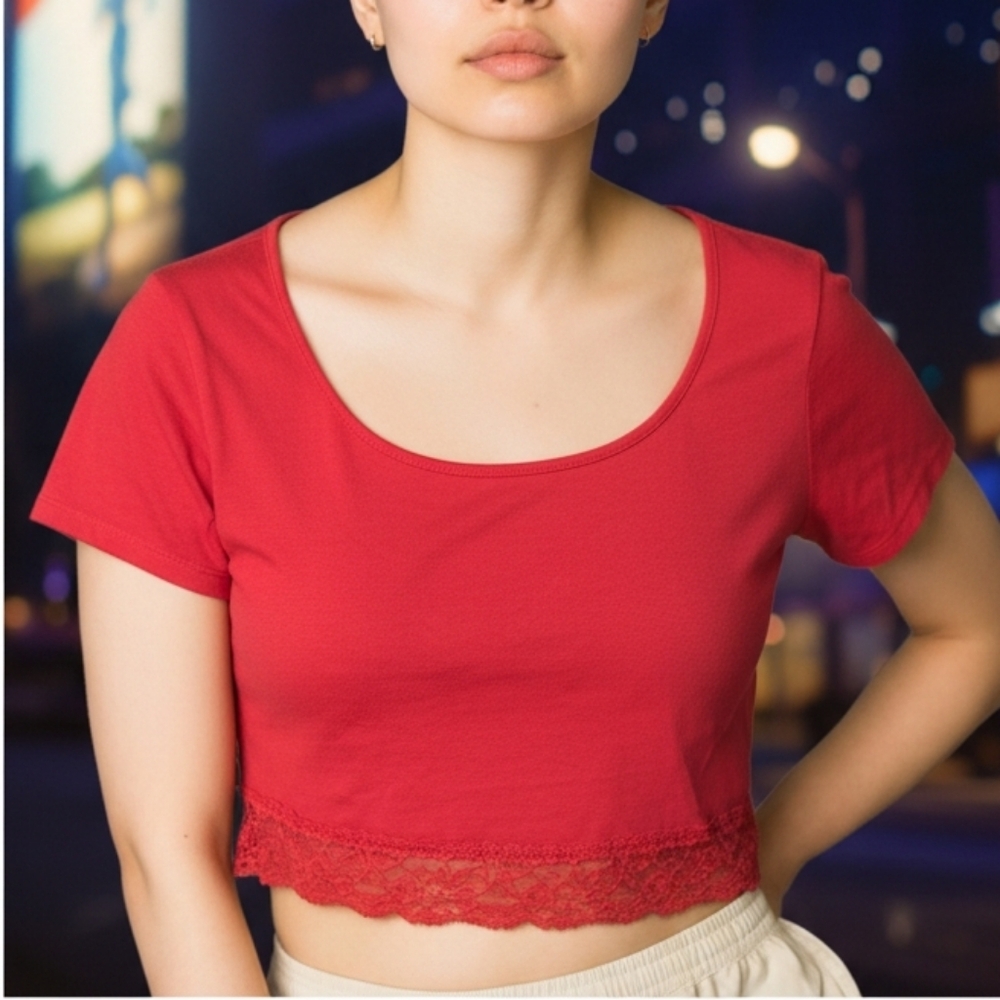 💫🩷3for20 Bundle Sale🩷💫Red Short Sleeve Lace Hem Top - Picture 1 of 7
